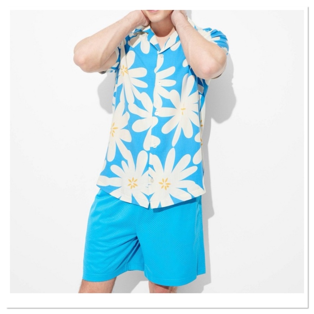 Men's Short Sleeve Resort Blue Floral Shirt Original Use
